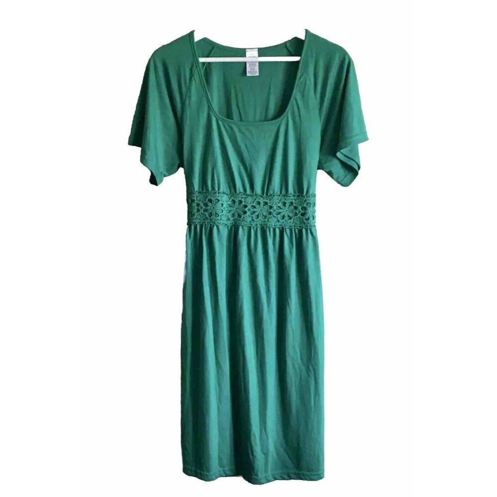 Women Green Summer A-Line Square Neck Embroidered Smocked Waist Dress Size Small